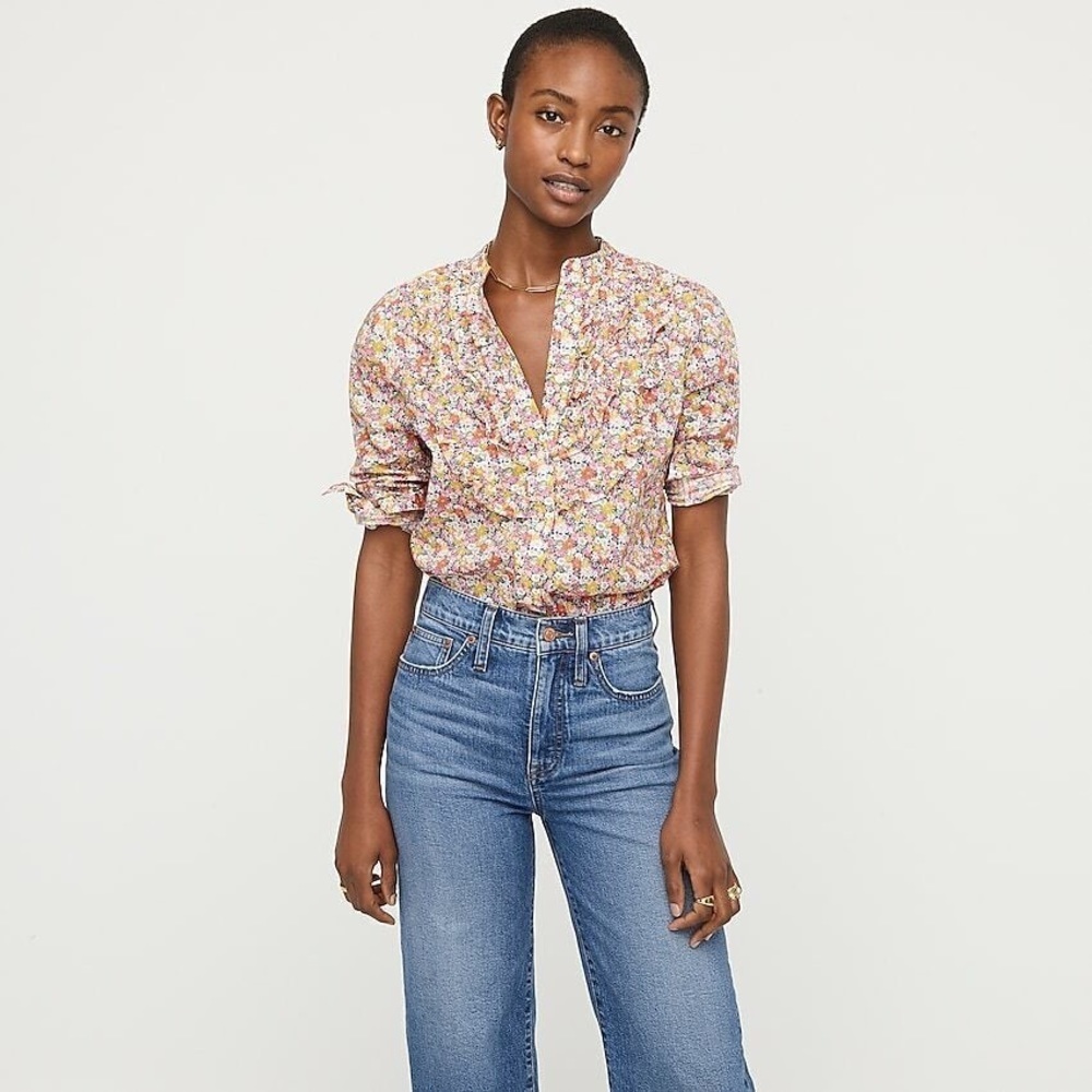 Floral Ruffle-Trim Button-Down Blouse - Pink Multi - Picture 6 of 15